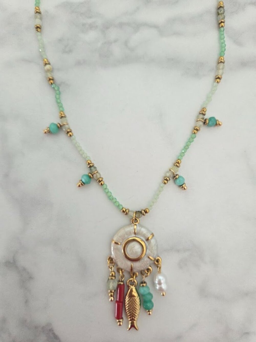 Boho Gold Tone Mint Green Beaded Necklace Fish Charm Dangle Pendant - Picture 5 of 16